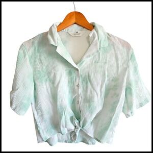 H&M Tie-Front Top Girls Short Sleeve Button-Up‎ Shirt Green White Size 13-14
